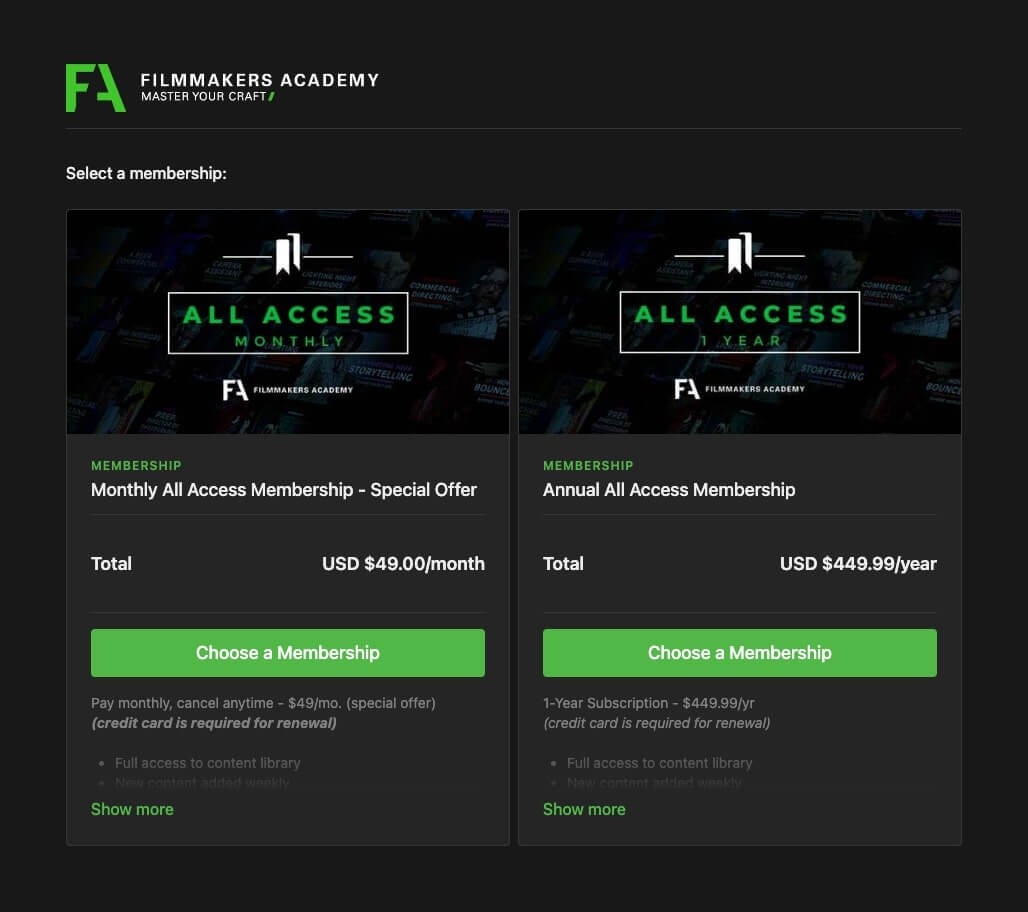 Filmmakers academy membership page showing a monthly vs annual membership plan. $49/month vs $449.99/year