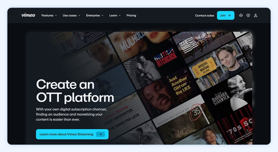 Vimeo streaming website with copy: Vimeo’s ad-free platform provides everything you need to host, manage, and share high-quality videos.