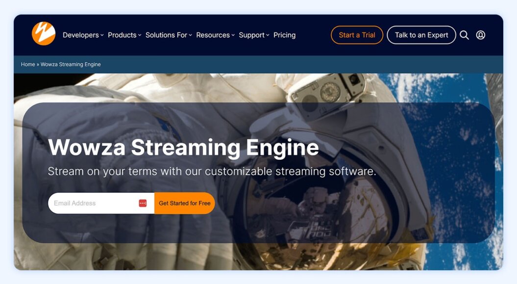  wowza streaming page with copy: Wowza is the video engine for teams who need the freedom to deploy
