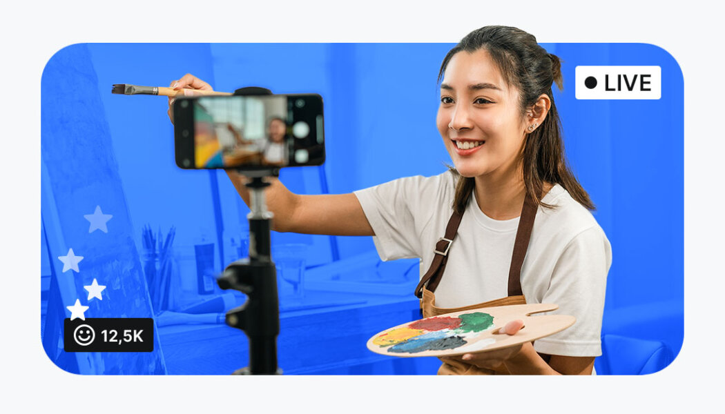 Painter filming a livestream video with a cell phone. Stylized blue effects and 12.5K reactions.