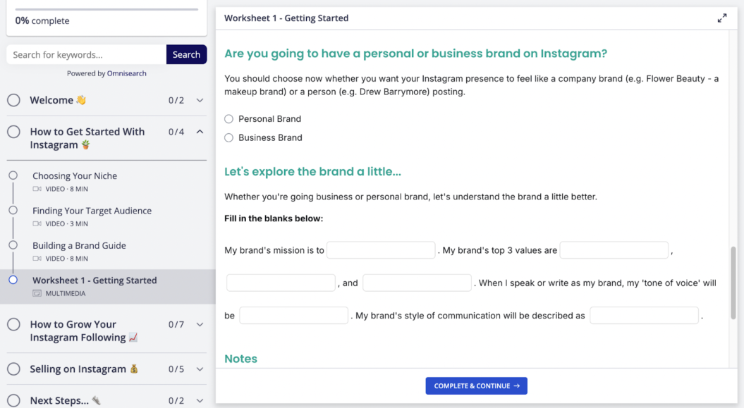 Thinkific Academy worksheet interface