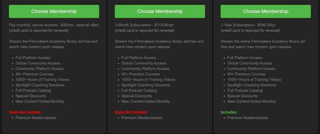 an image of the Filmmakers Academy's pricing page featuring detailed membership plans