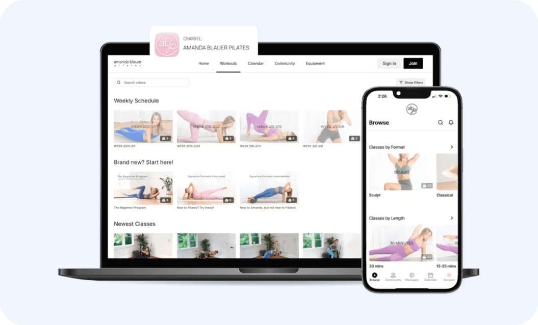 an image showing the video experience features of the Crochet with Amanda Blauder pilates channel utilizing Uscreen