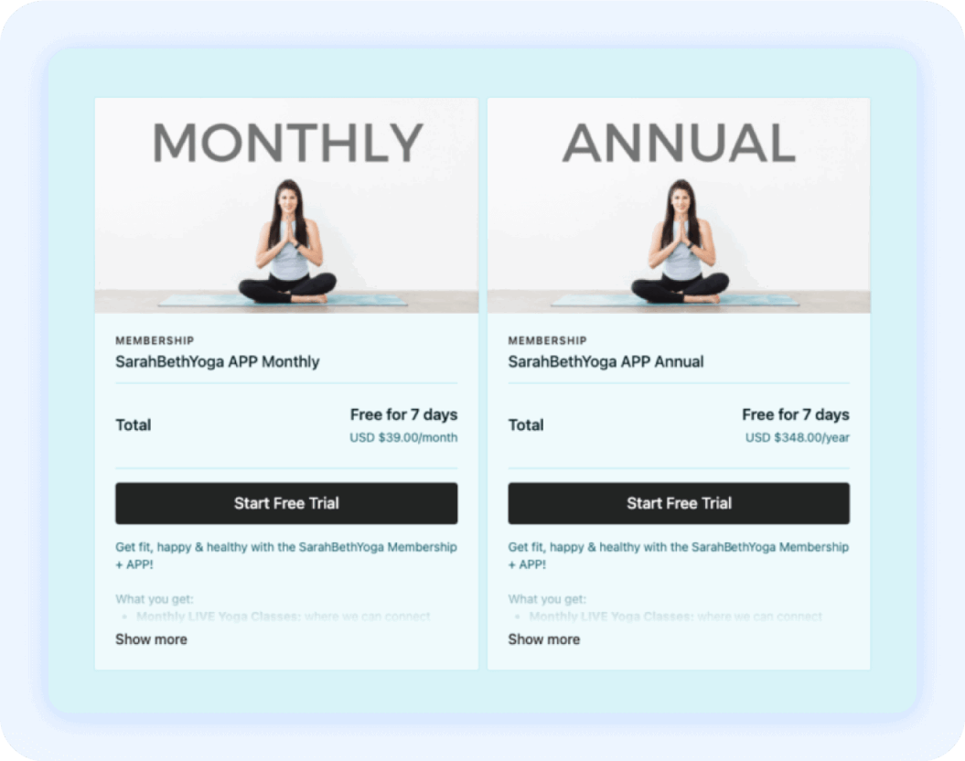 an image showing the monthly and annual membership pricing of the Sarah Beth Yoga channel