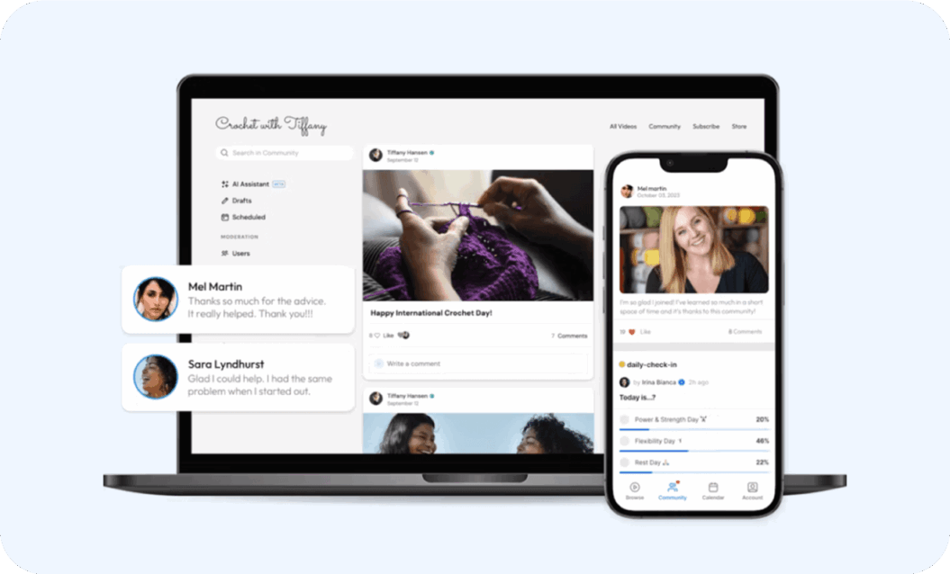 an image showing the community features of the Crochet with Tiffany channel utilizing Uscreen