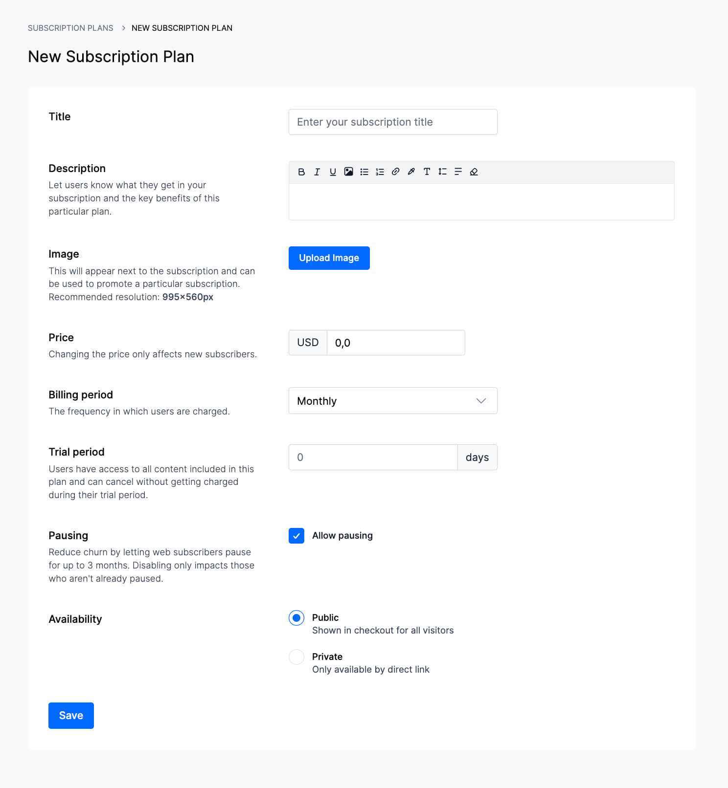Uscreen platform screenshot showing how to setup subscription settings
