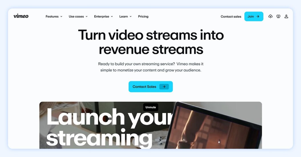 Vimeo streaming page with features like multiple monetization options and analytics tools to monitor growth.