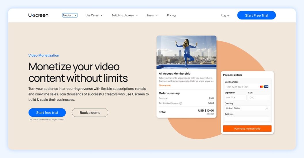 Uscreen video monetization page highlighting key features like global checkout and multiple subscription tiers.