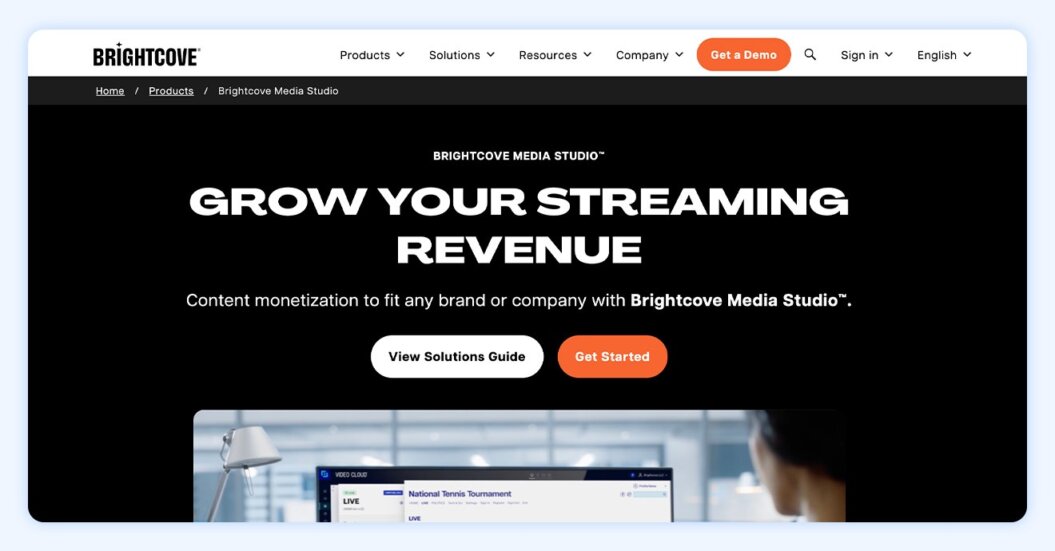Brightcove homepage showing off key features like SVOD and platform insights.