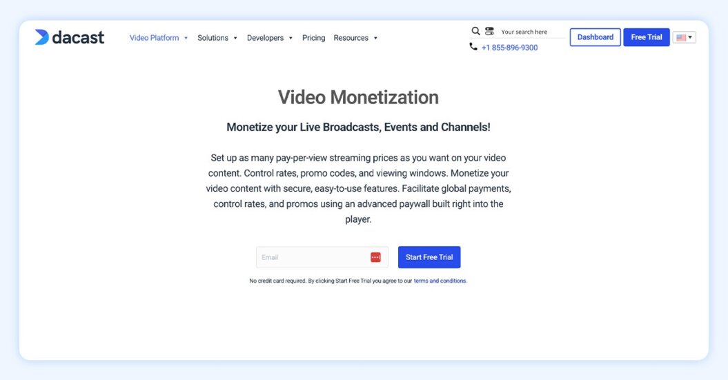Dacast homepage with text” Host, monetize, and broadcast with an end-to-end live streaming solution