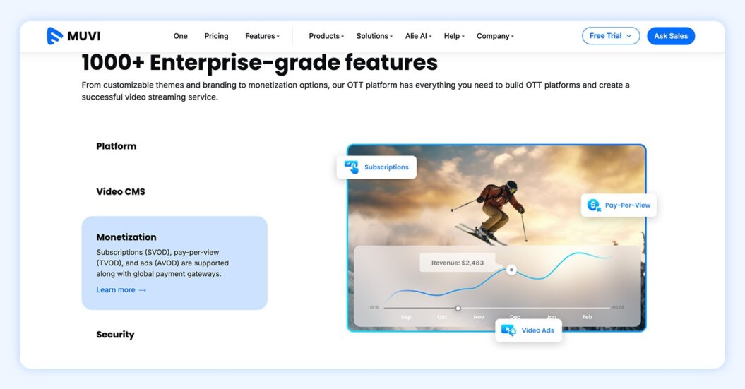 Muvi homepage with text “Live & On-Demand, Audio & Video Streaming Solutions, Mobile & TV Apps, Player, and Monetization