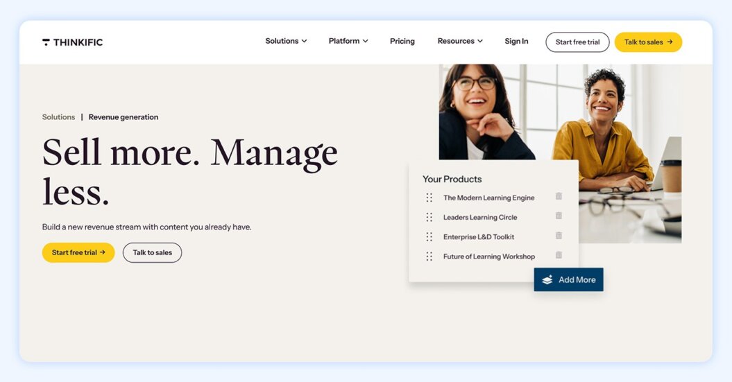 Thinkific homepage with text “ Transform your expertise into courses, communities, and other high-quality learning experiences. Our platform is designed to drive revenue growth for businesses like yours.”