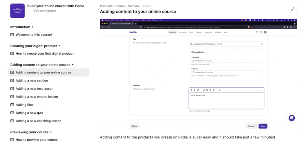 Podia video course interface