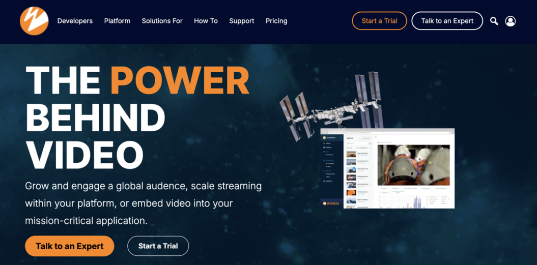 wowza homepage with copy "the power behind video"