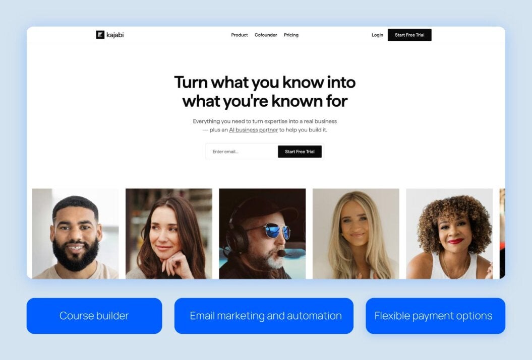 Kajabi homepage with copy "turn what you know into what you're known for"