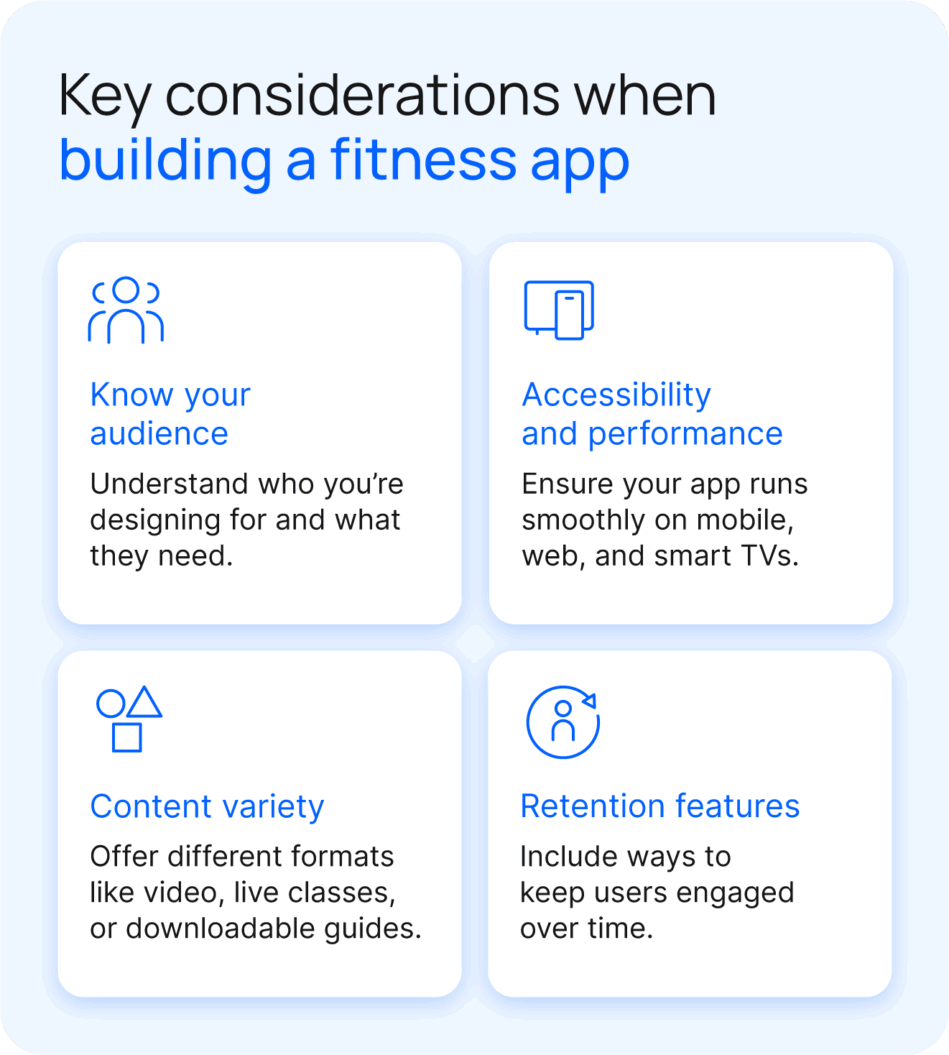 A mobile app-style interface showing the 3–4 key considerations as interactive “cards” or “tiles” within a mock app screen.