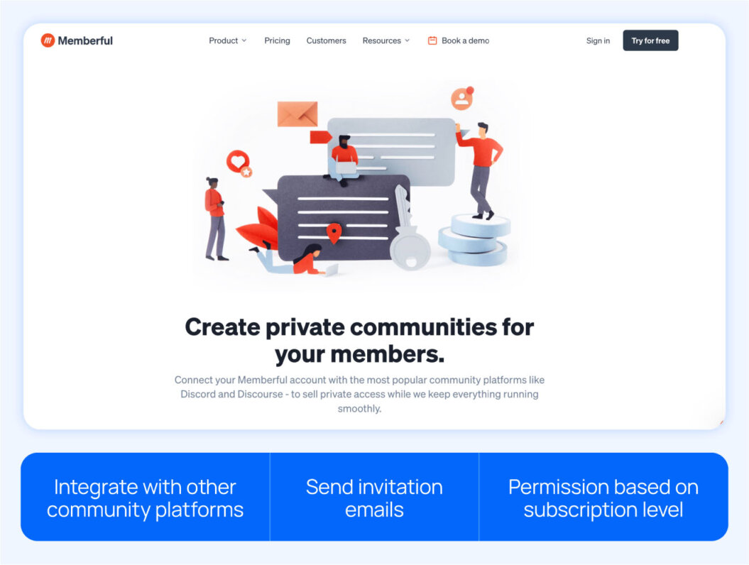 memberful homepage and highlights like integrate with other community platforms, send invitation emails, and permission-based on subscription level.