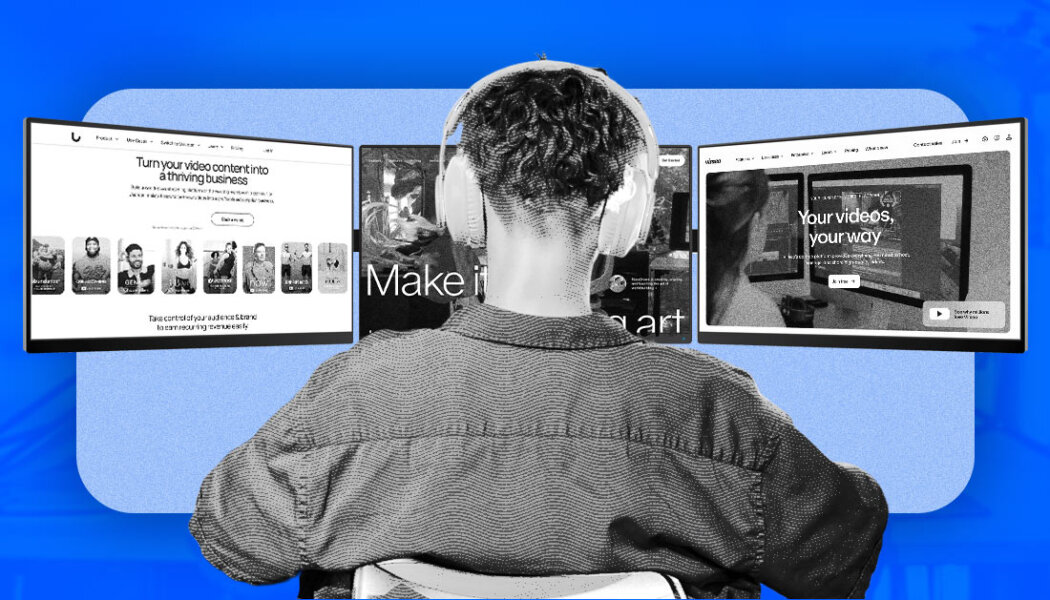 Content creator in front of three monitors with video monetization platforms and stylized blue effects.
