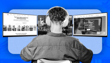 Content creator in front of three monitors with video monetization platforms and stylized blue effects.