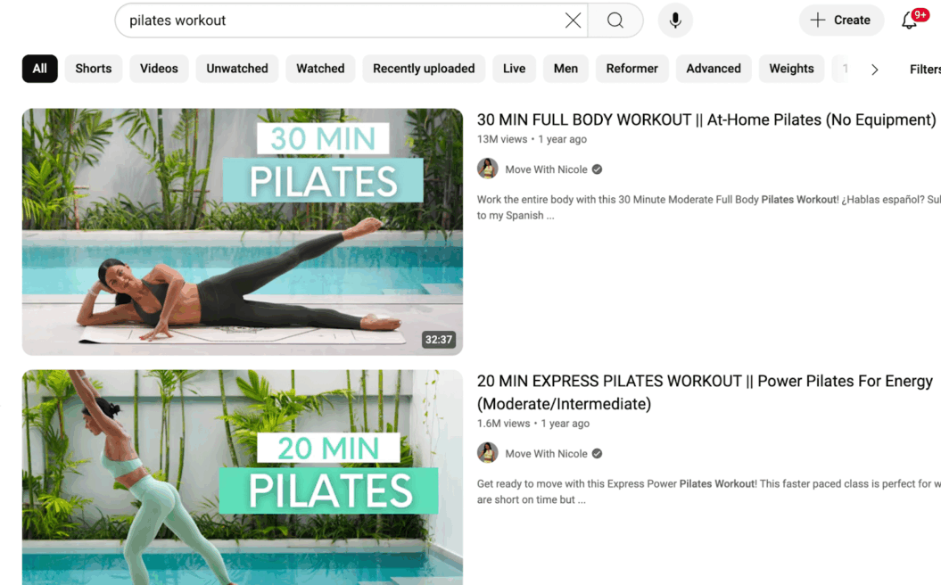 Pilates workout search results