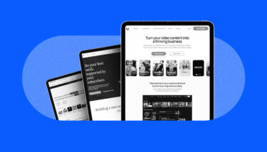 three tablets with patreon alternatives like Uscreen on then behind a stylized light blue oblong shape and darker blue background.