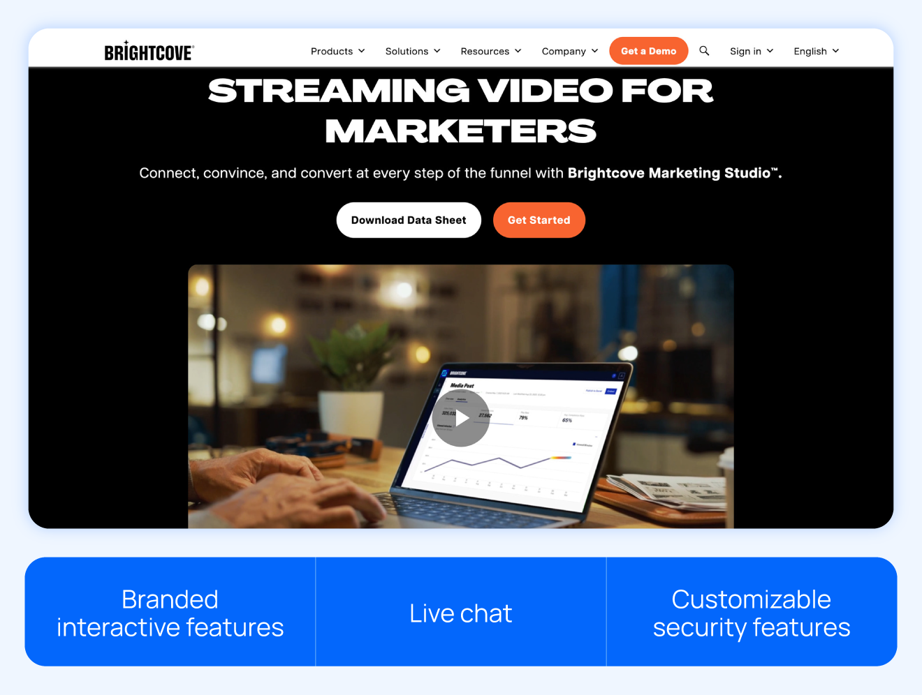 Brightcove homepage and highlights like branded interactive features, live chat, and customizable security features. 