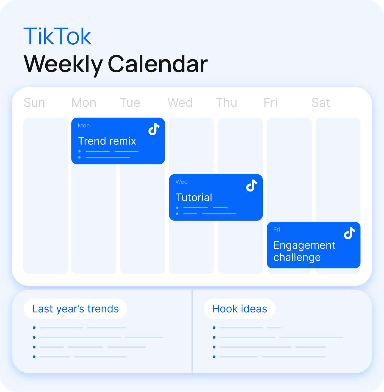 A sample TikTok content calendar mockup for planning weekly content.