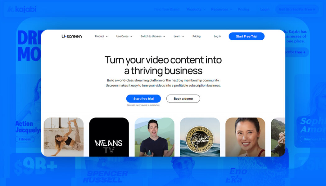 uscreen homepage with a stylized blue background