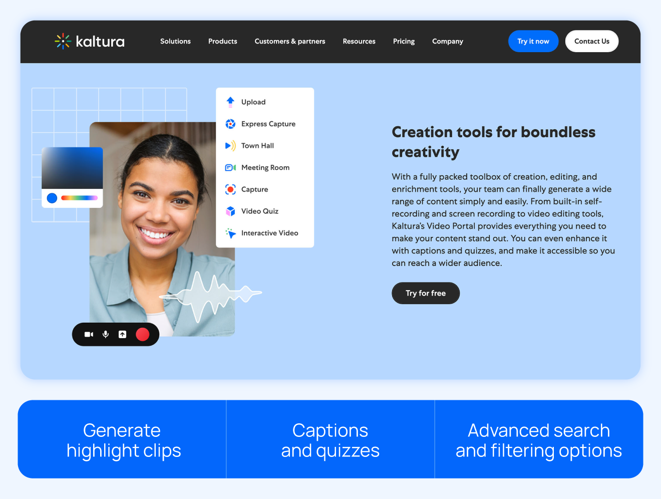 Kaltura homepage with highlights like generate highlight clips, captions and quizzes, and advanced search and filtering options. 