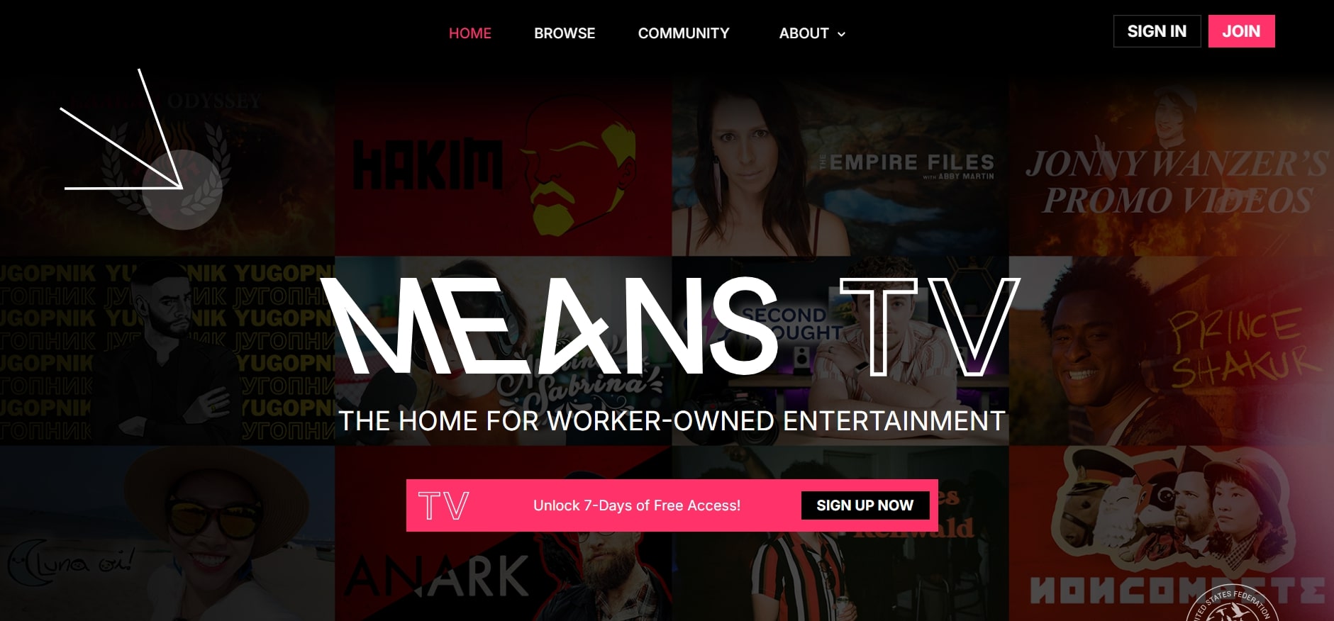 Homepage of MeansTV, an independent streaming service.