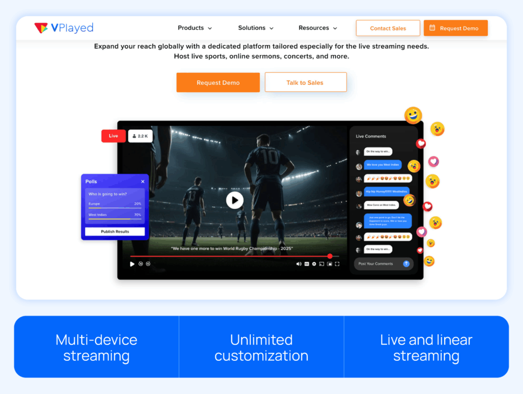 vplayed homepage with highlights like multi device streaming, customization, and live and linear streaming