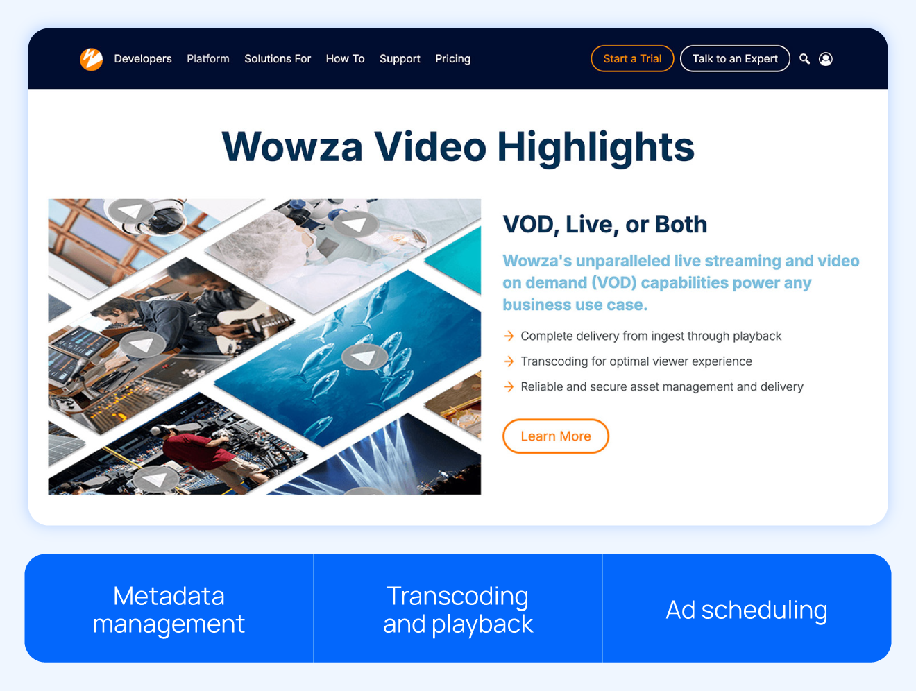 wowza homepage with callouts like Metadata management, transcoding and playback , and ad scheduling 
