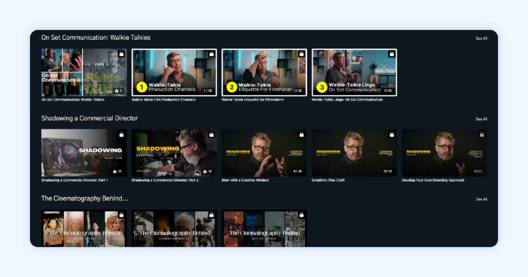 Screenshot of Filmmakers Academy website showing a series of educational videos on filmmaking