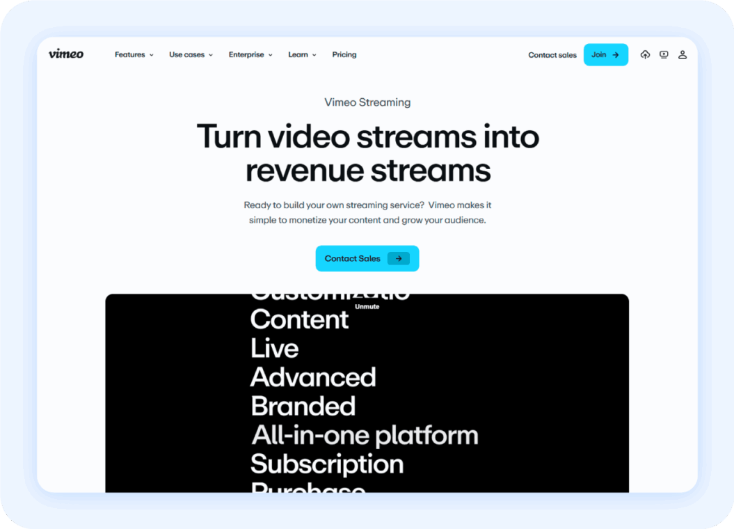 Vimeo streaming screenshot: turn video streams into revenue streams