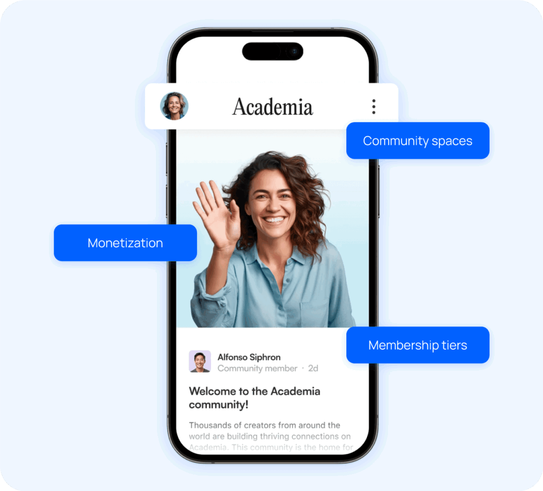 Circle.so membership dashboard and highlight callouts like community spaces, membership tiers, and monetization.