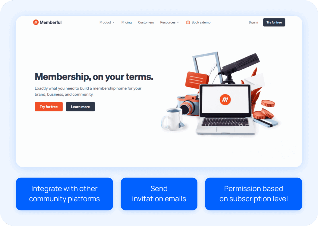 memberful homepage and highlights like integrate with other community platforms, send invitation emails, and permission-based on subscription level.