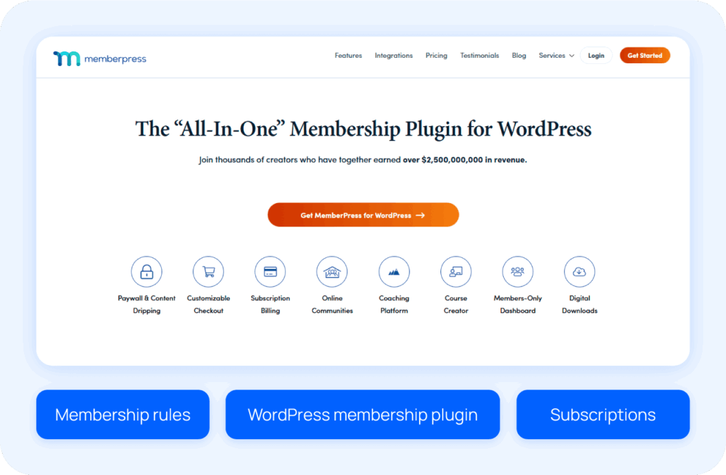 Memberpress dashboard and highlight callouts like membership rules, subscriptions, and WordPress membership plugin 
