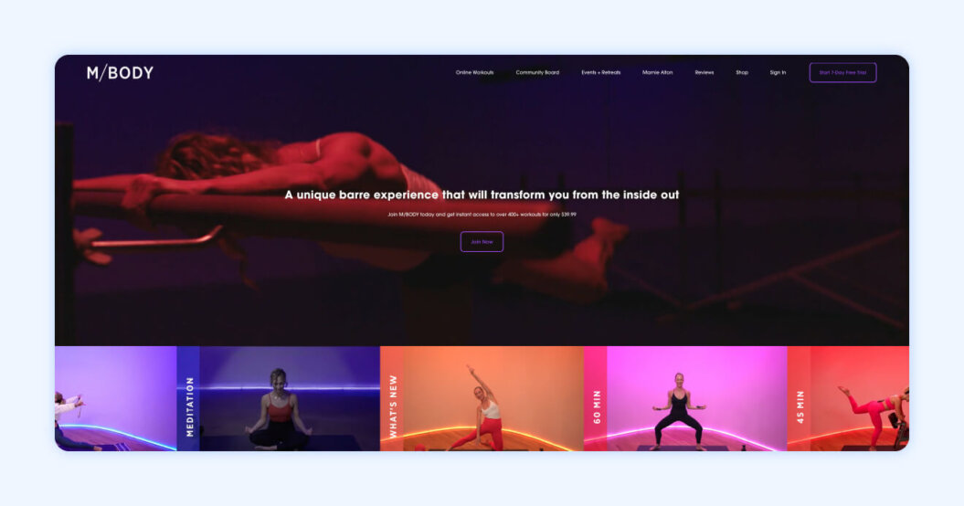 M/Body website homepage showing a list of workout classes like 60 minutes and meditation.