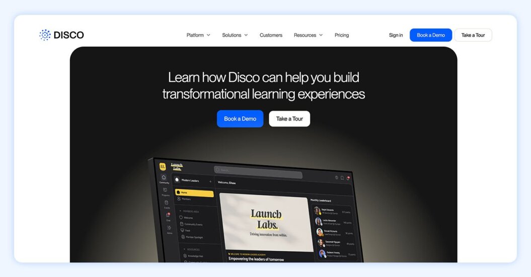 Screenshot of Disco website with text “learn how Disco can help you build transformational learning experiences”