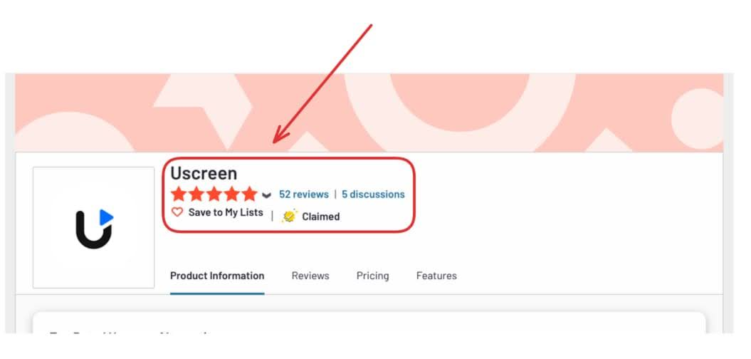 Screenshot of Uscreen review page on G2, showing a 5 star rating