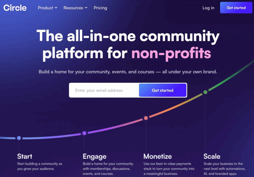 Screenshot of Circle website with the text “the all-in-one community platform for non-profits”