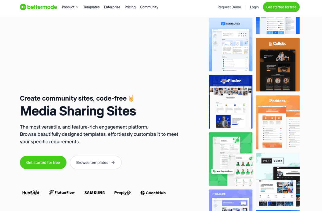 Screenshot of Bettermode website with quote “create community sites, code-free”
