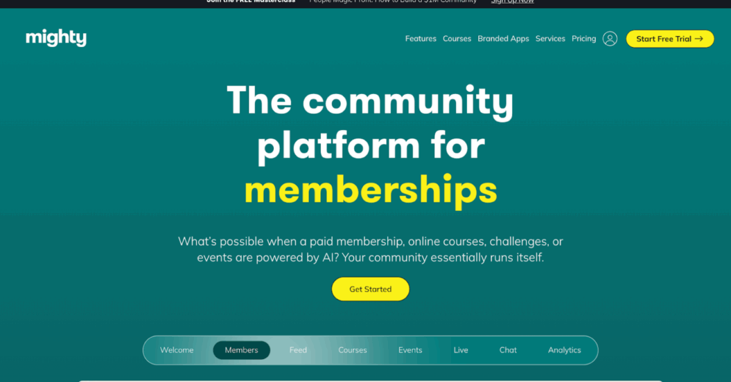 Screenshot of Mighty Networks platform with the quote “the community platform for memberships