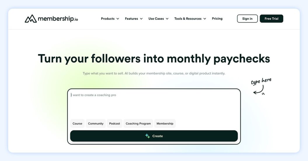 Screenshot of the Membership.io website with the quote “turn your followers into monthly paychecks