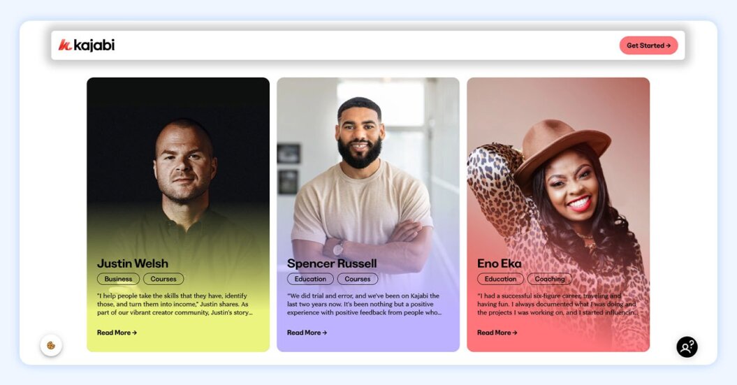 Screenshot of Kajabi website with three bannered images of current clients including Justin Wlsh and Eno Eka.