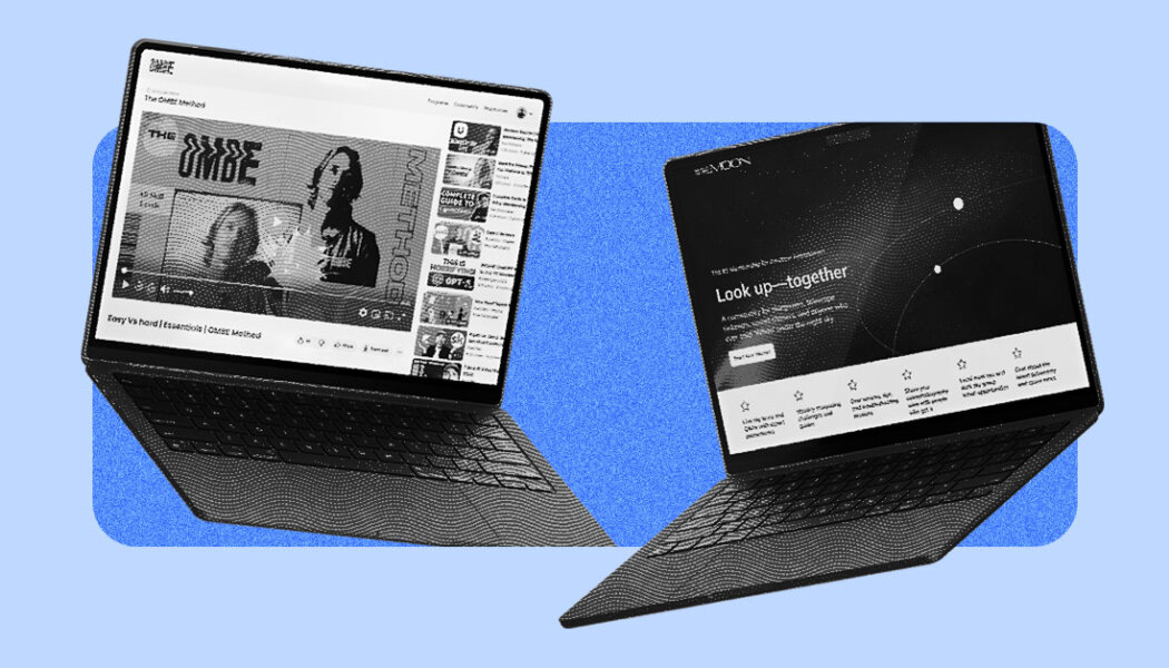 Two laptops with Mighty Network alternatives on the screens and a stylized effect with blue tones over the whole image.