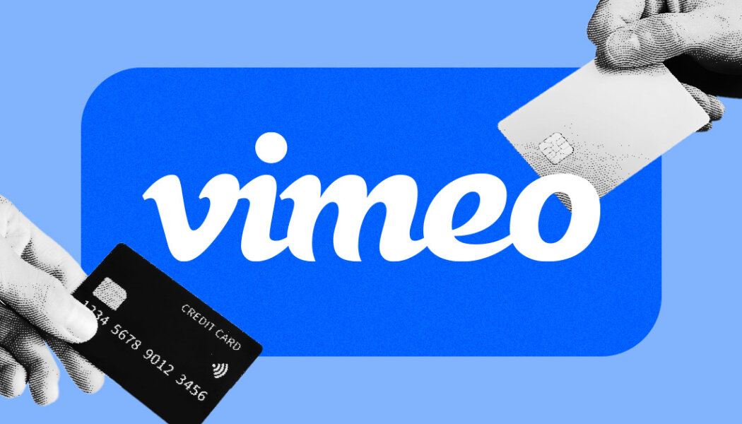 A computer monitor on a blue background with the words “Vimeo” across the front of the computer and a dollar sign in a blue bubble.