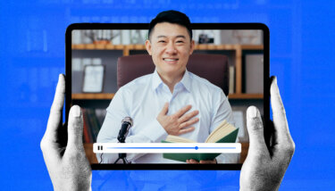 preacher speaking in front of a congregation with stylized blue effects and hands holding up a streaming device