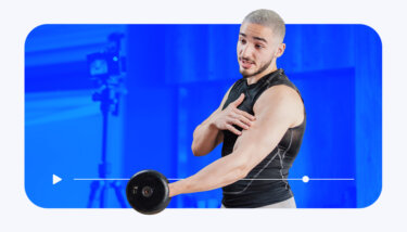 Man holding a weight and live-streaming his fitness workout on social media with stylized blue image effects.