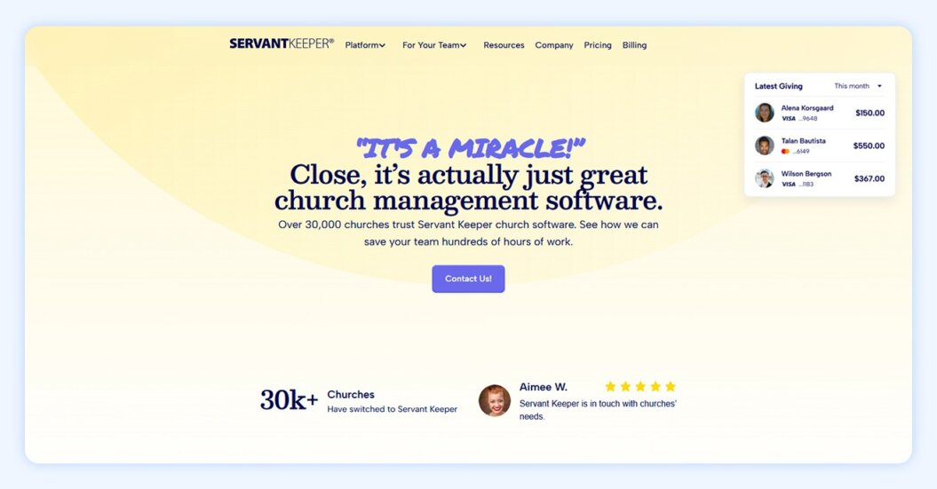 ServantKeeper website with quote “it's a miracle, close it's actually just great church management software